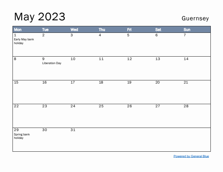 May 2023 Simple Monthly Calendar for Guernsey