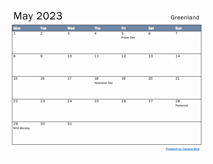 May 2023 Simple Monthly Calendar for Greenland