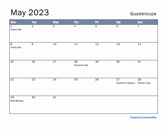 May 2023 Simple Monthly Calendar for Guadeloupe