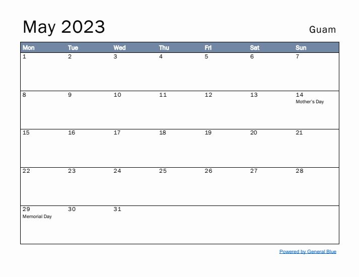 May 2023 Simple Monthly Calendar for Guam