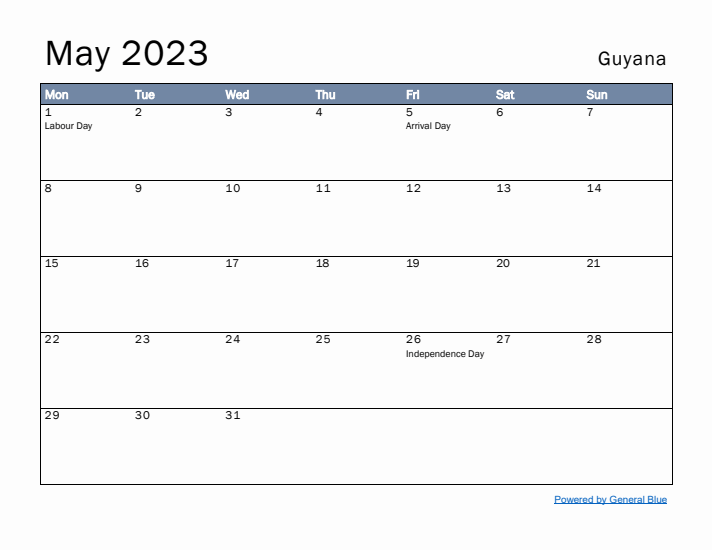 May 2023 Simple Monthly Calendar for Guyana