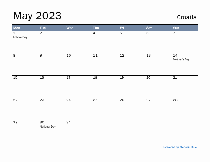 May 2023 Simple Monthly Calendar for Croatia