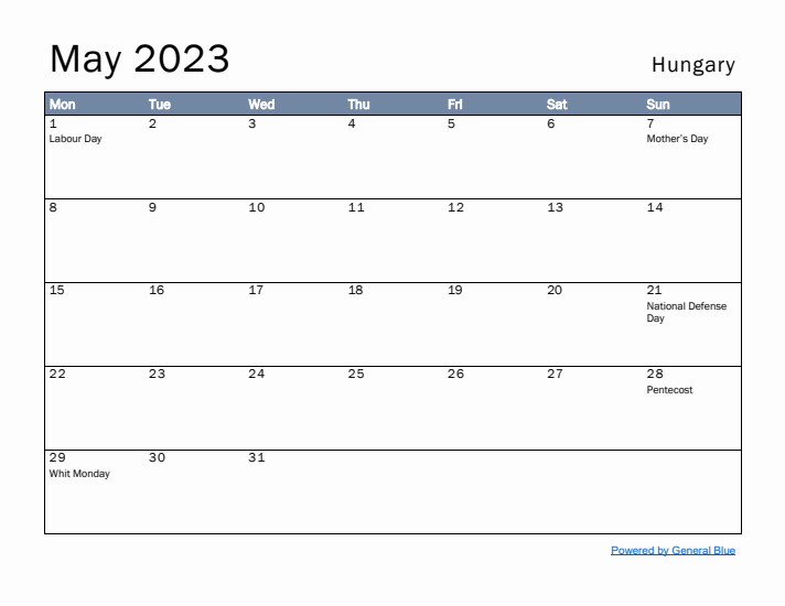 May 2023 Simple Monthly Calendar for Hungary