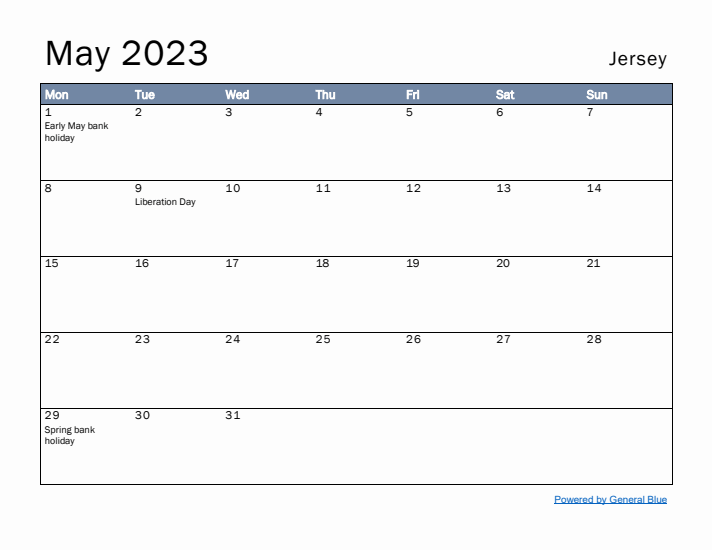 May 2023 Simple Monthly Calendar for Jersey