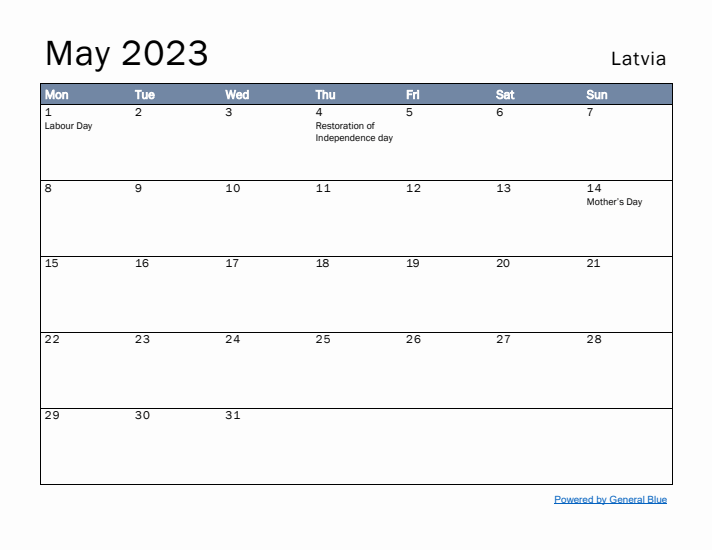 May 2023 Simple Monthly Calendar for Latvia