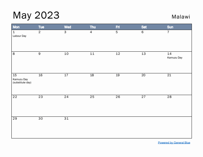 May 2023 Simple Monthly Calendar for Malawi