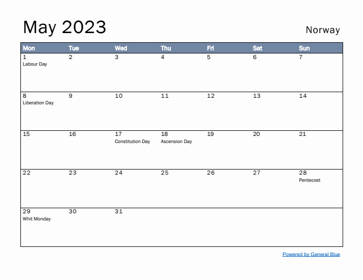 May 2023 Simple Monthly Calendar for Norway