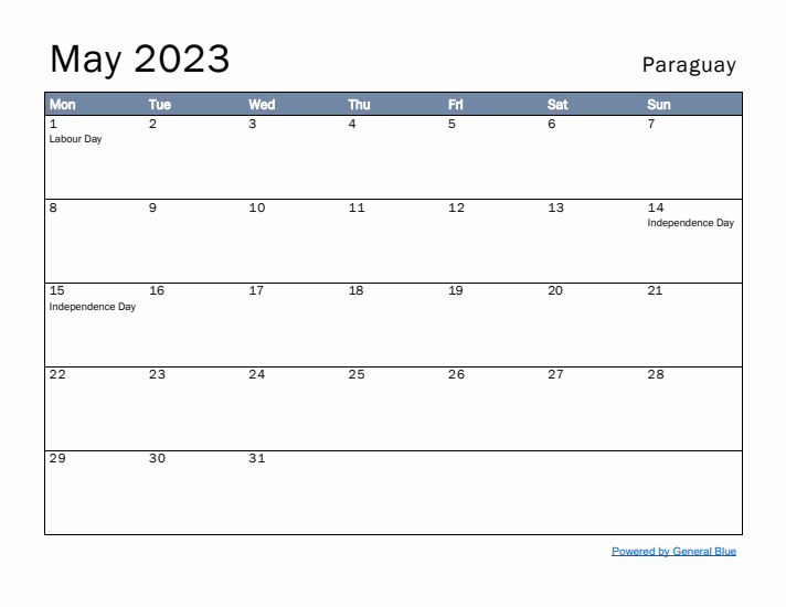 May 2023 Simple Monthly Calendar for Paraguay