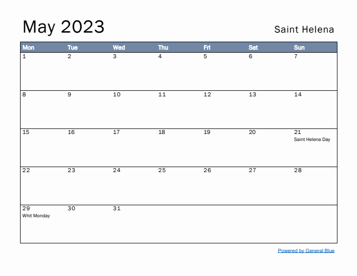 May 2023 Simple Monthly Calendar for Saint Helena