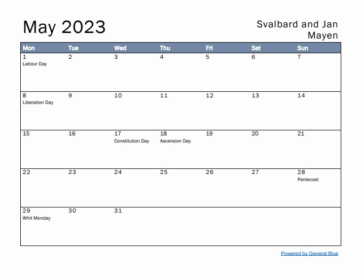 May 2023 Simple Monthly Calendar for Svalbard and Jan Mayen