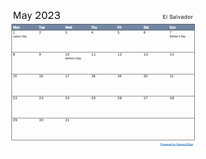 May 2023 Simple Monthly Calendar for El Salvador