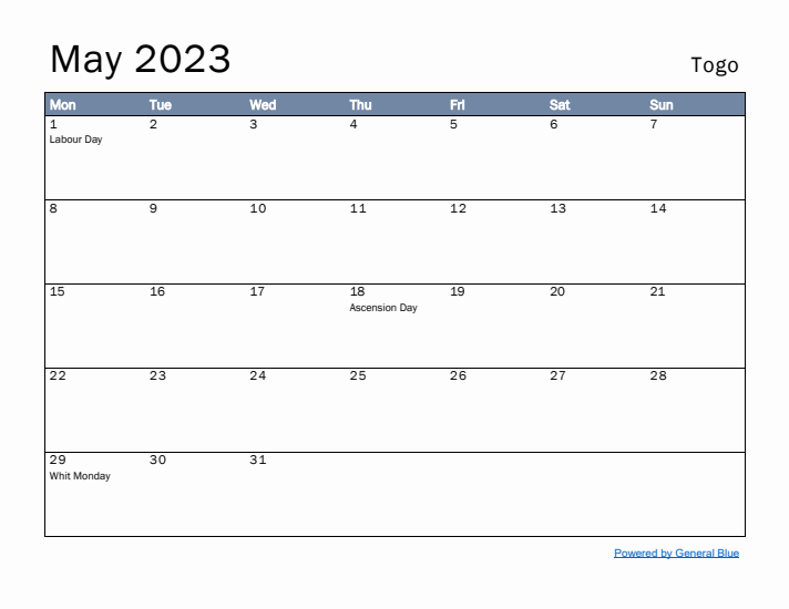 May 2023 Simple Monthly Calendar for Togo