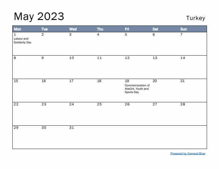 May 2023 Simple Monthly Calendar for Turkey