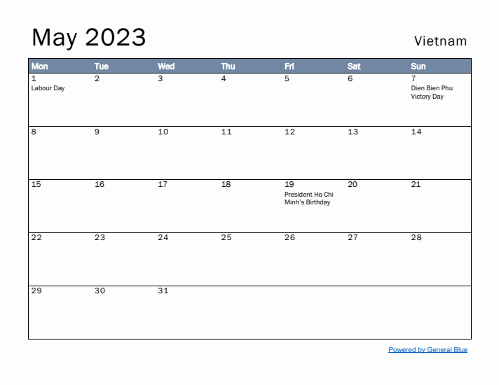 May 2023 Simple Monthly Calendar for Vietnam