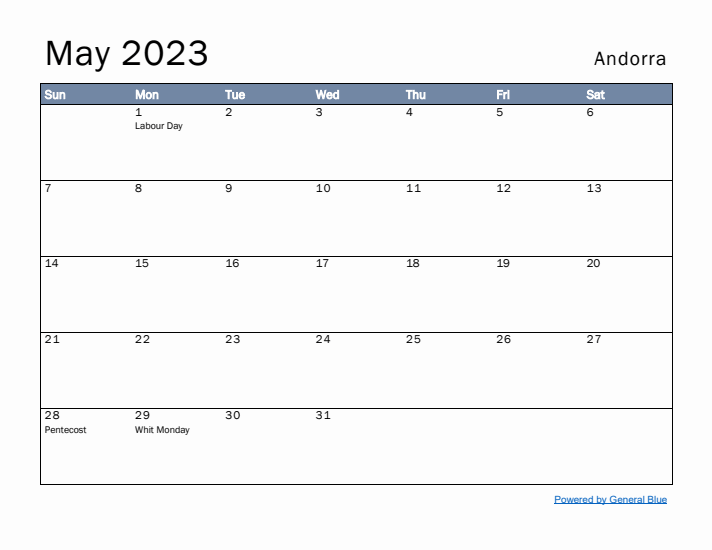 May 2023 Simple Monthly Calendar for Andorra