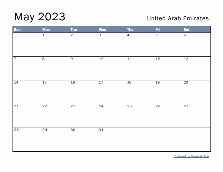 May 2023 Simple Monthly Calendar for United Arab Emirates