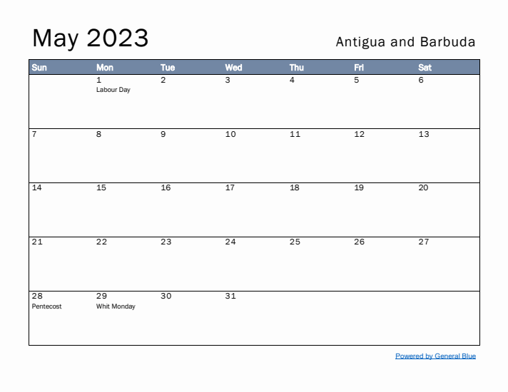 May 2023 Simple Monthly Calendar for Antigua and Barbuda