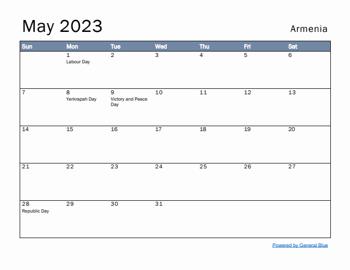 May 2023 Simple Monthly Calendar for Armenia