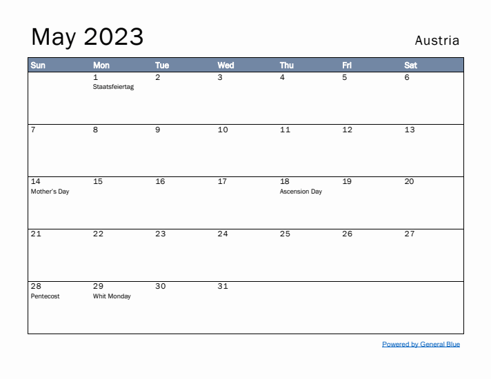 May 2023 Simple Monthly Calendar for Austria