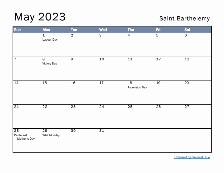 May 2023 Simple Monthly Calendar for Saint Barthelemy