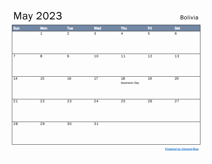 May 2023 Simple Monthly Calendar for Bolivia