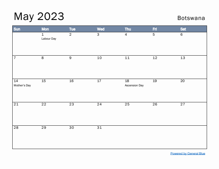 May 2023 Simple Monthly Calendar for Botswana