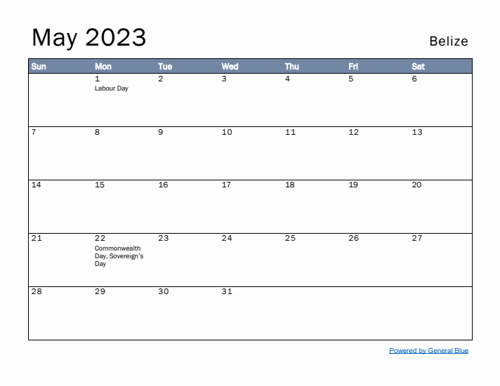 May 2023 Simple Monthly Calendar for Belize