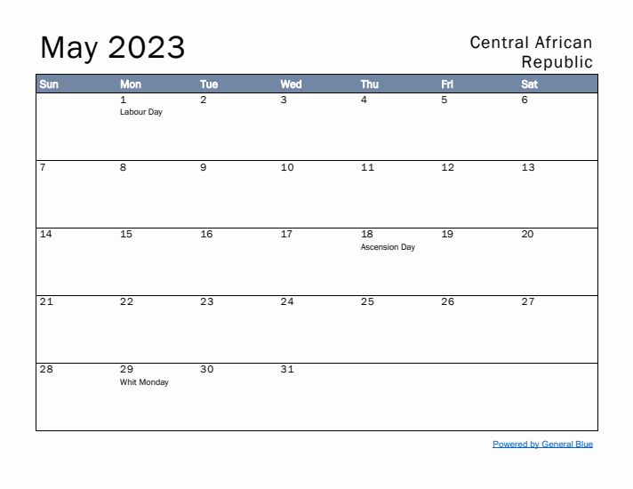 May 2023 Simple Monthly Calendar for Central African Republic