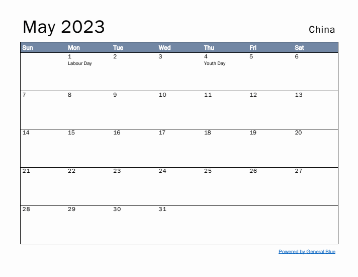 May 2023 Simple Monthly Calendar for China