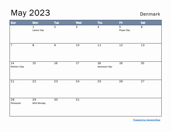 May 2023 Simple Monthly Calendar for Denmark