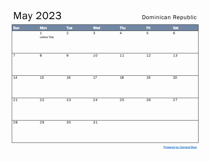 May 2023 Simple Monthly Calendar for Dominican Republic