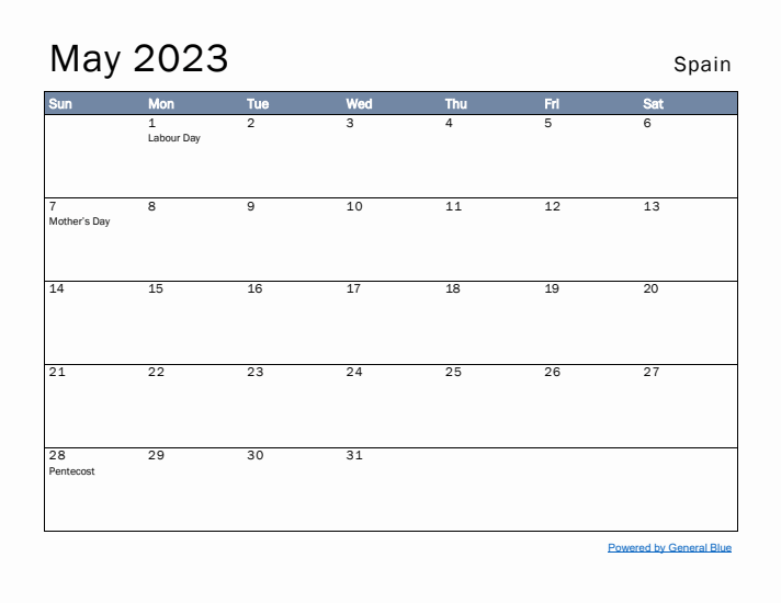 May 2023 Simple Monthly Calendar for Spain