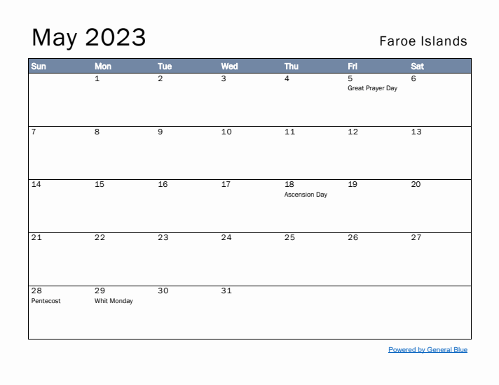 May 2023 Simple Monthly Calendar for Faroe Islands