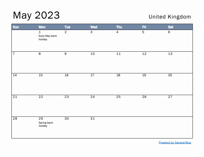 May 2023 Simple Monthly Calendar for United Kingdom