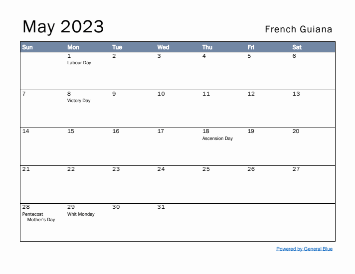 May 2023 Simple Monthly Calendar for French Guiana