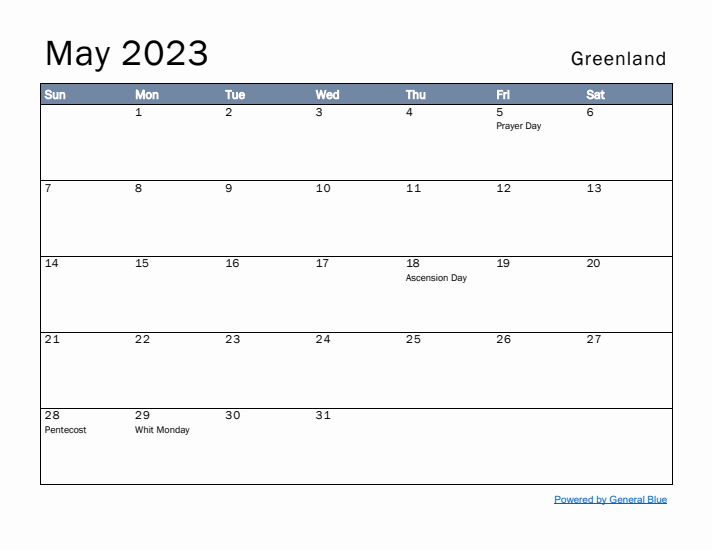 May 2023 Simple Monthly Calendar for Greenland