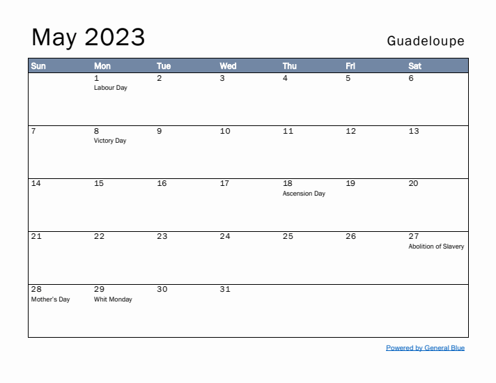 May 2023 Simple Monthly Calendar for Guadeloupe