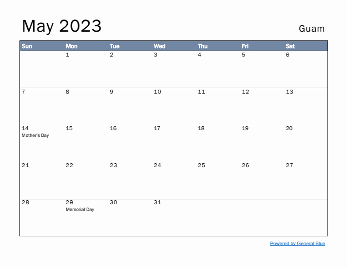 May 2023 Simple Monthly Calendar for Guam