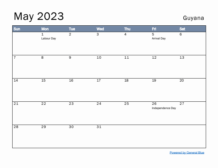 May 2023 Simple Monthly Calendar for Guyana