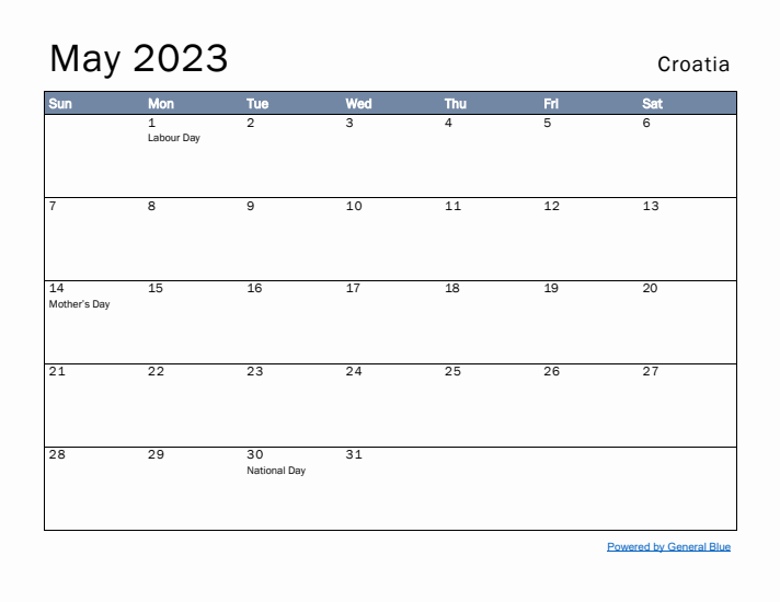 May 2023 Simple Monthly Calendar for Croatia