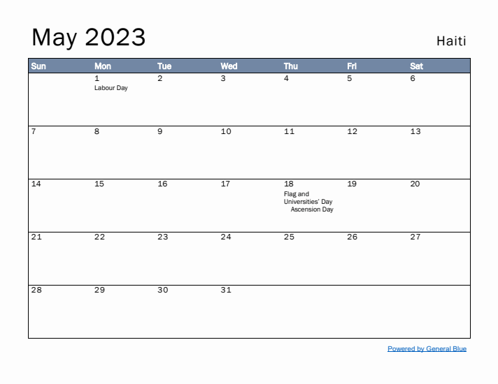 May 2023 Simple Monthly Calendar for Haiti