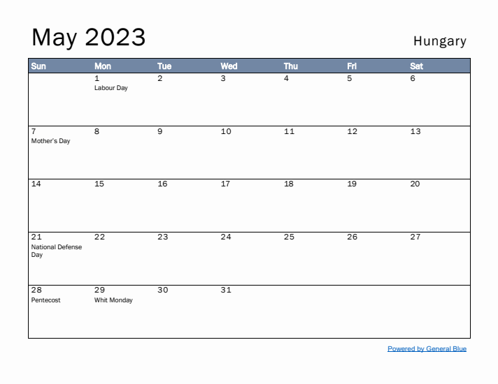 May 2023 Simple Monthly Calendar for Hungary