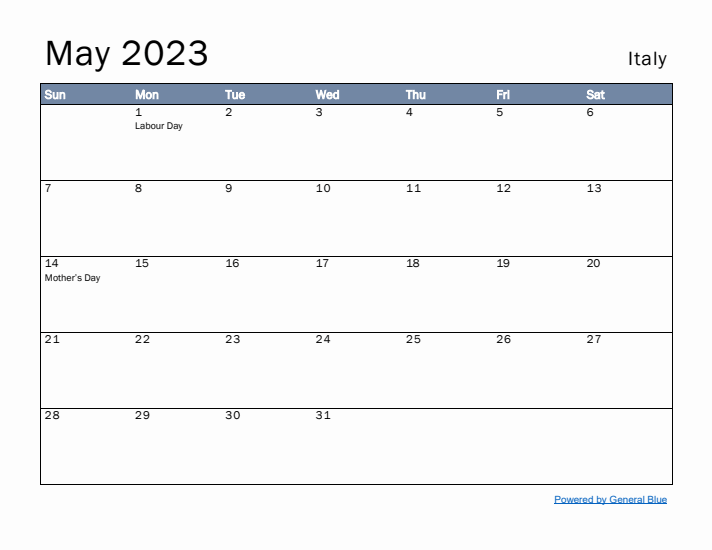 May 2023 Simple Monthly Calendar for Italy