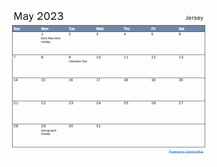 May 2023 Simple Monthly Calendar for Jersey