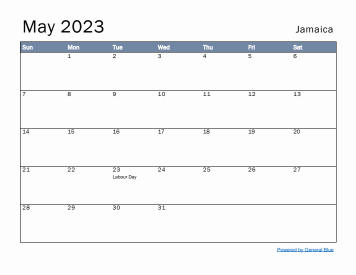 May 2023 Simple Monthly Calendar for Jamaica