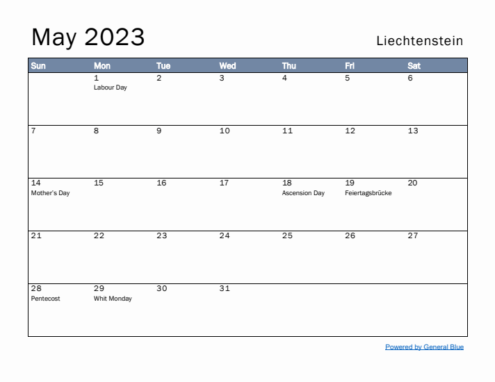 May 2023 Simple Monthly Calendar for Liechtenstein