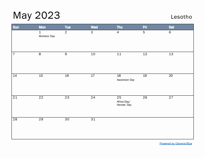 May 2023 Simple Monthly Calendar for Lesotho