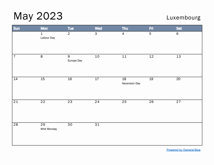 May 2023 Simple Monthly Calendar for Luxembourg