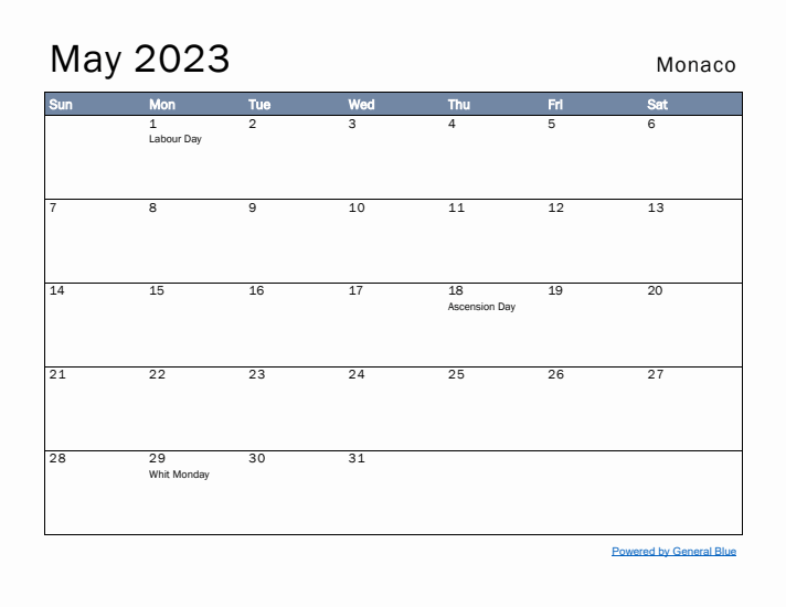 May 2023 Simple Monthly Calendar for Monaco