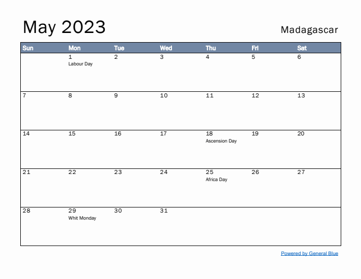 May 2023 Simple Monthly Calendar for Madagascar